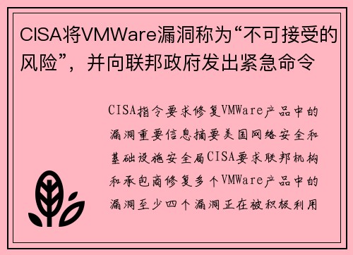 CISA将VMWare漏洞称为“不可接受的风险”,并向联邦政府发出紧急命令 CISA将VMWare漏洞称为“不可接受的风险”,并向联邦政府发出紧急命令